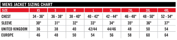 Icon Jacket Size Chart