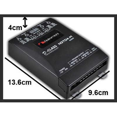 Dimensions of Nakamichi MGTD4-M 4 Channel Class-D Amplifier; 13.6cm x 9.6cm x 4cm