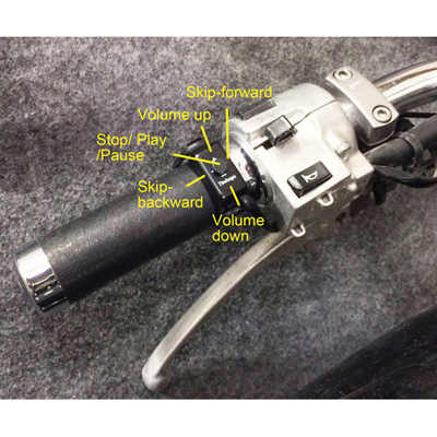 Bluetooth Handlebar Remote Control showing all functions; skip forward/backward, volume up/down, stop/play/pause