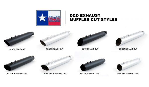 shown 4 types of Muffler Cut styles with 2 colors each; Back cut, slant cut, boarzilla cut and straight cut