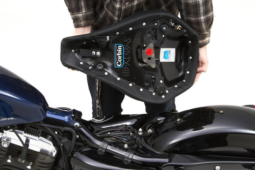 a person holding Classic Solo seat showing the back side unique key lock system, MPN printed and mounting brackets pre-installed