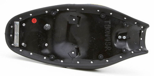 Showing the back side of Solo seat, MPN printed and mounting brackets pre-installed