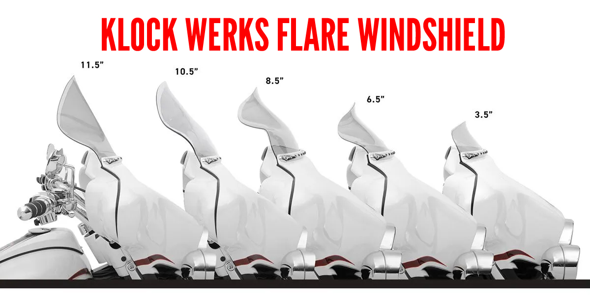 shown here are different sizes of Klock Werkes Flare Windshields, 3.5Inch, 6.5Inch, 8.5Inch, 10.5Inch and 11.5Inch