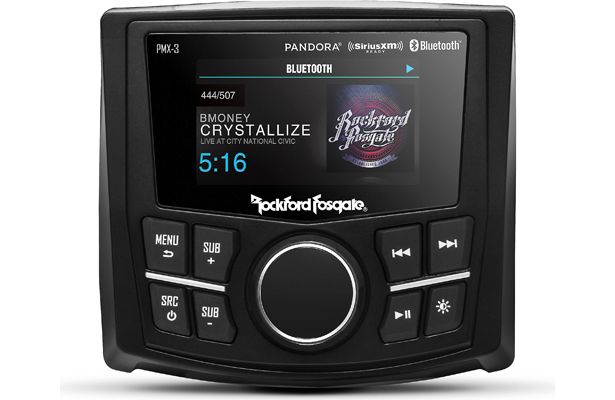 Image shows Rockford Bluetooth Unit PMX-3 front screen with switches