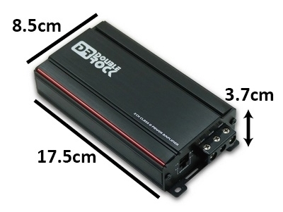 Amplifier shown with dimensions: 17.5cm x 8.5cm x 3.7cm