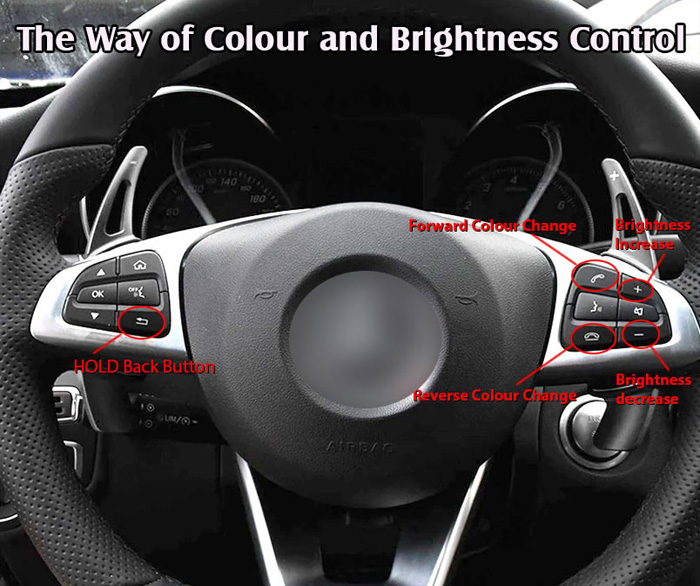 full view of steering showing buttons, the way of color and brightness control
