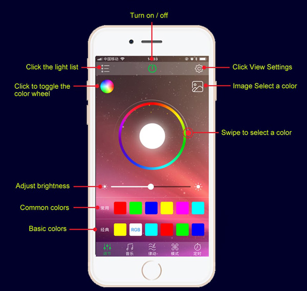 ambient light kit mobile app control showing all functioning; Colors, Brightness, Settings, Turnon/off