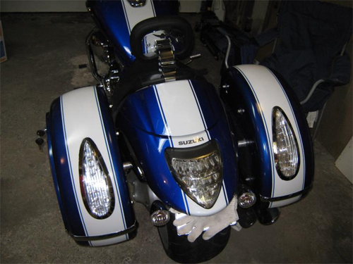 Blue/White Saddlebags shown from behind with indicators installed on hardbags