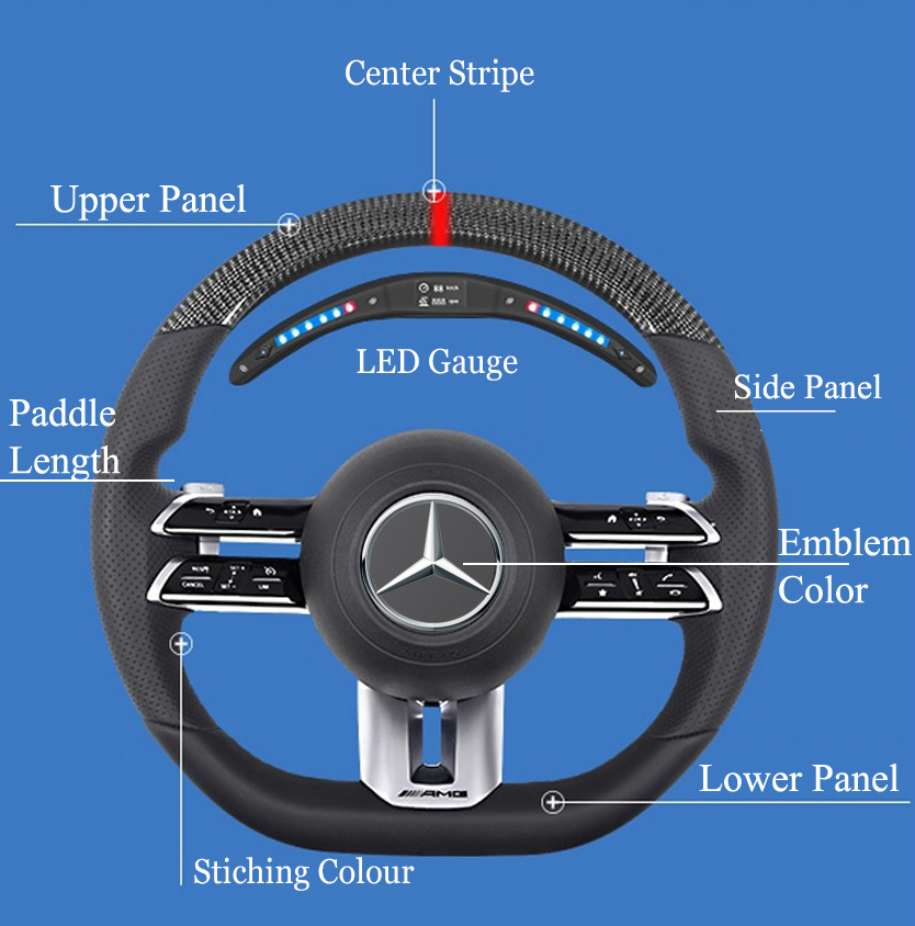 complete Steering wheel showing upper lower and side panels with Emblem Color in the middle