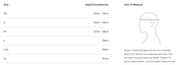 size chart; from XS to XL  and head circumference from 53 cm to 61 cm