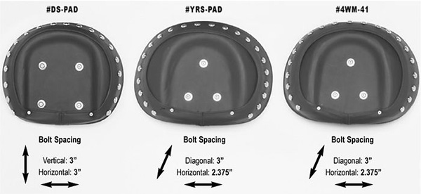 Comparison the bolt pattern of your sissy bar to the bolt pattern shown for each of the pads to assure proper bolt alignment