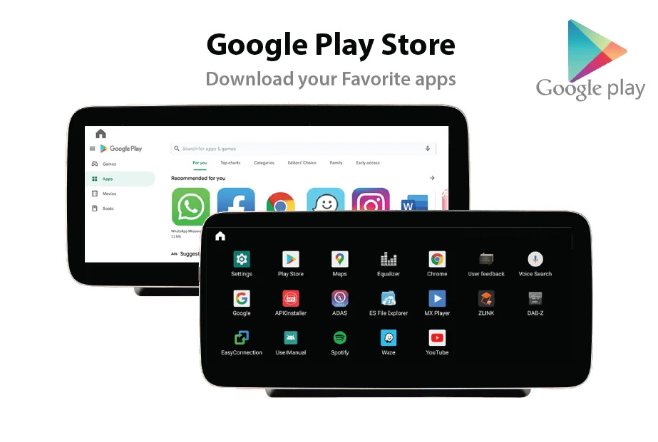 showing 2 screens explaining that you can download apps from Google Play Store