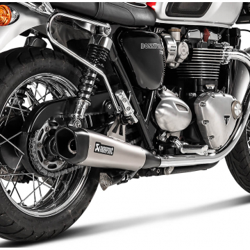 view Akrapovic Slip-on Line Tapered Exhausts, Silver for Bonneville T100/T120 '16-'20