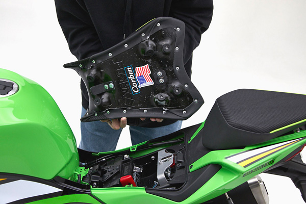 Motorcycle Front seat rear view with mounting brackets installed