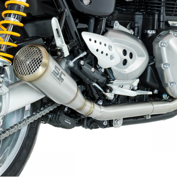 view SC-Project Dual Conic 70s Style Short Exhaust Thruxton 1200/R '16-'19 & Speed Twin '19-'21