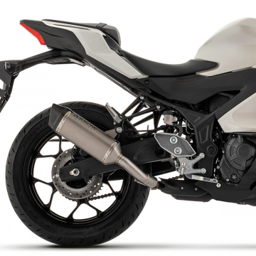 view Arrow Icon Slip-on Exhaust, Titanium for Yamaha YZF-R3 & MT-03 2025+