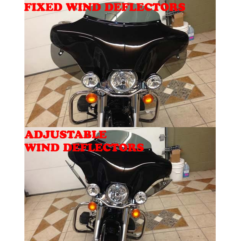 two images showing difference between Fixed wind deflectors and Adjustable wind deflectors