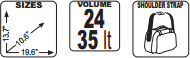 shown 3 features; dimensions, volume and shoulder strap