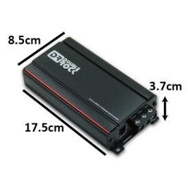 Amplifier shown with dimensions: 17.5cm x 8.5cm x 3.7 cm